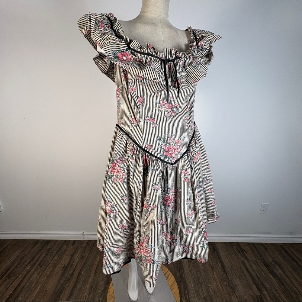Vintage 80s Style Cottagecore Prairie Dress Floral Striped Ruffle Neck Plus Size - Picture 5 of 10